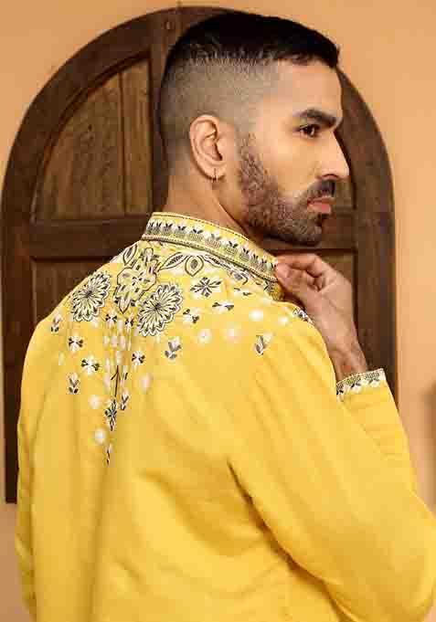 Yellow Embroidered Cotton Silk Kurta Set For Men