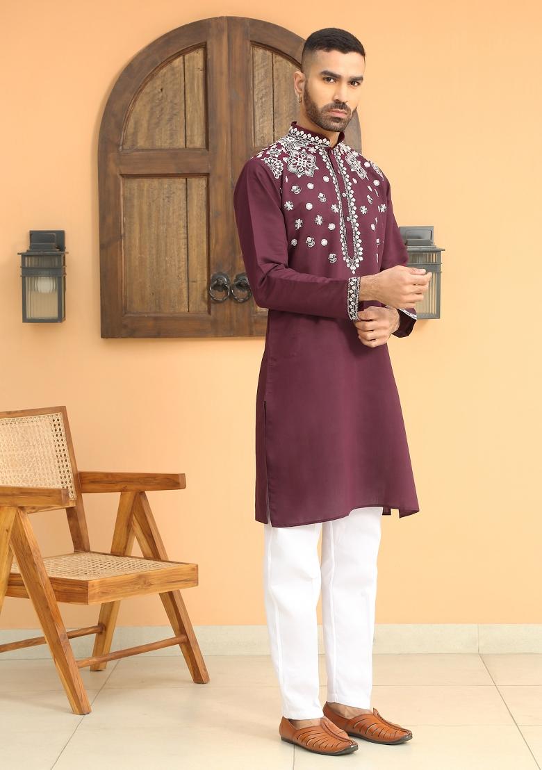 Purple Embroidered Cotton Silk Kurta Set For Men
