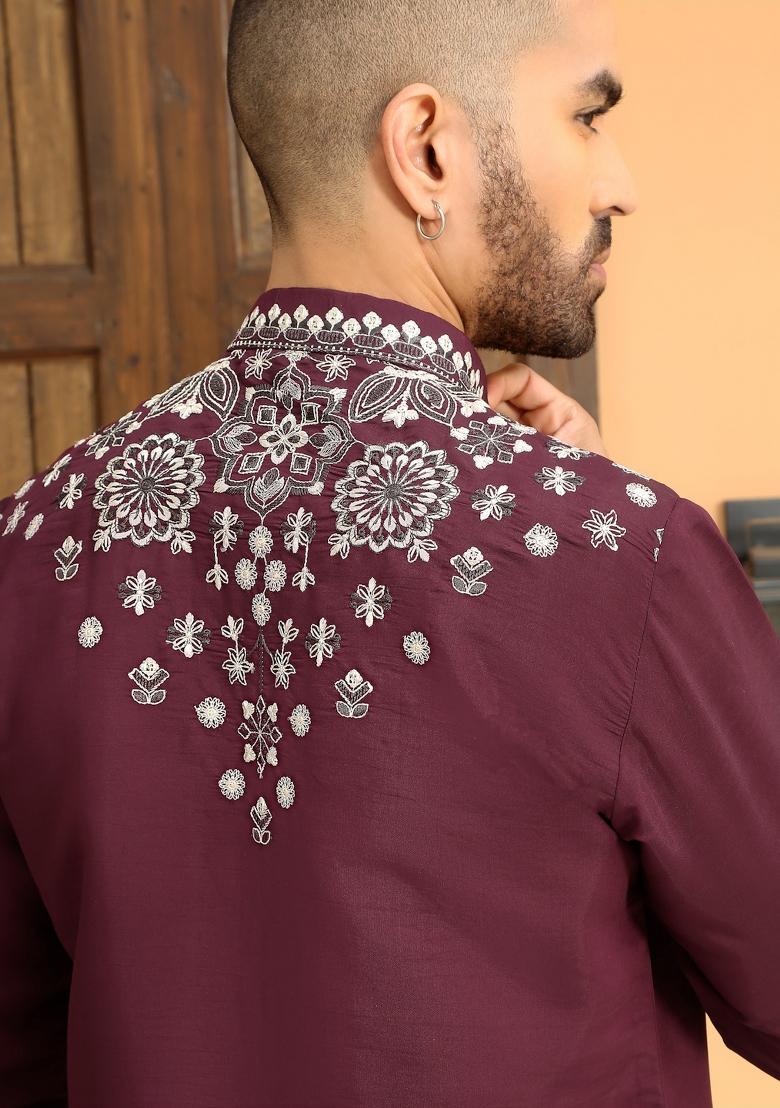 Purple Embroidered Cotton Silk Kurta Set For Men