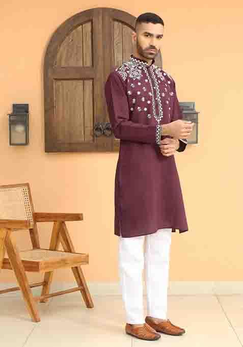 Purple Embroidered Cotton Silk Kurta Set For Men