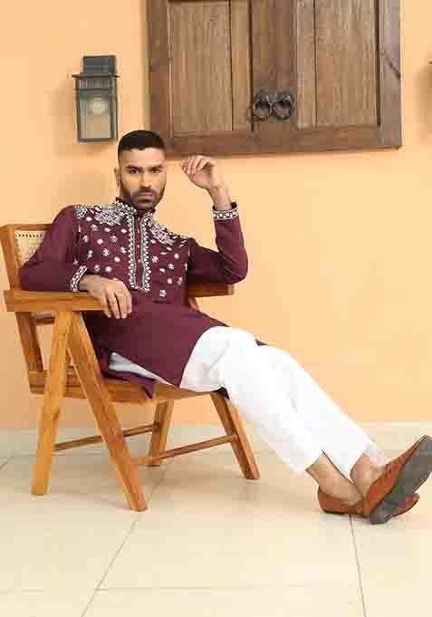 Purple Embroidered Cotton Silk Kurta Set For Men