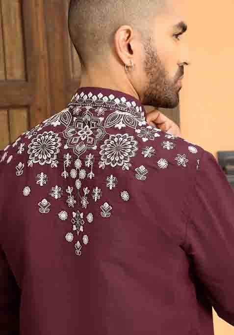 Purple Embroidered Cotton Silk Kurta Set For Men