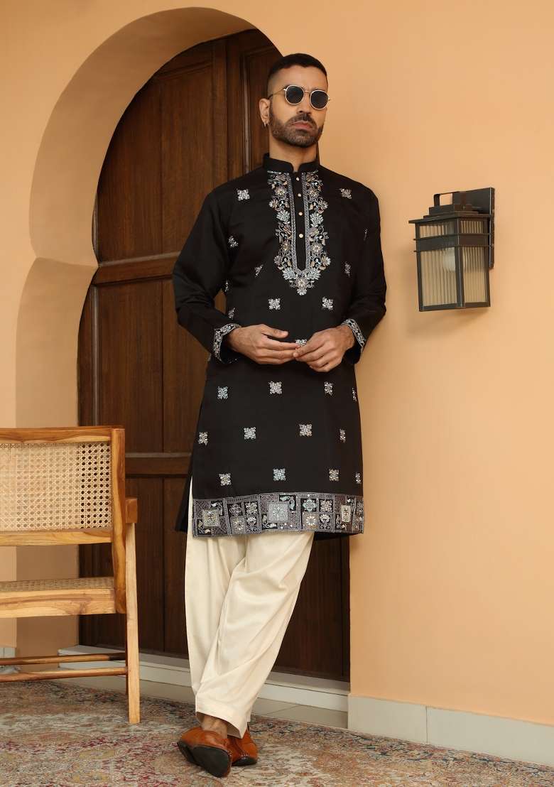 Black Yoke Design Cotton Silk Blend Kurta Set For Men - Indya