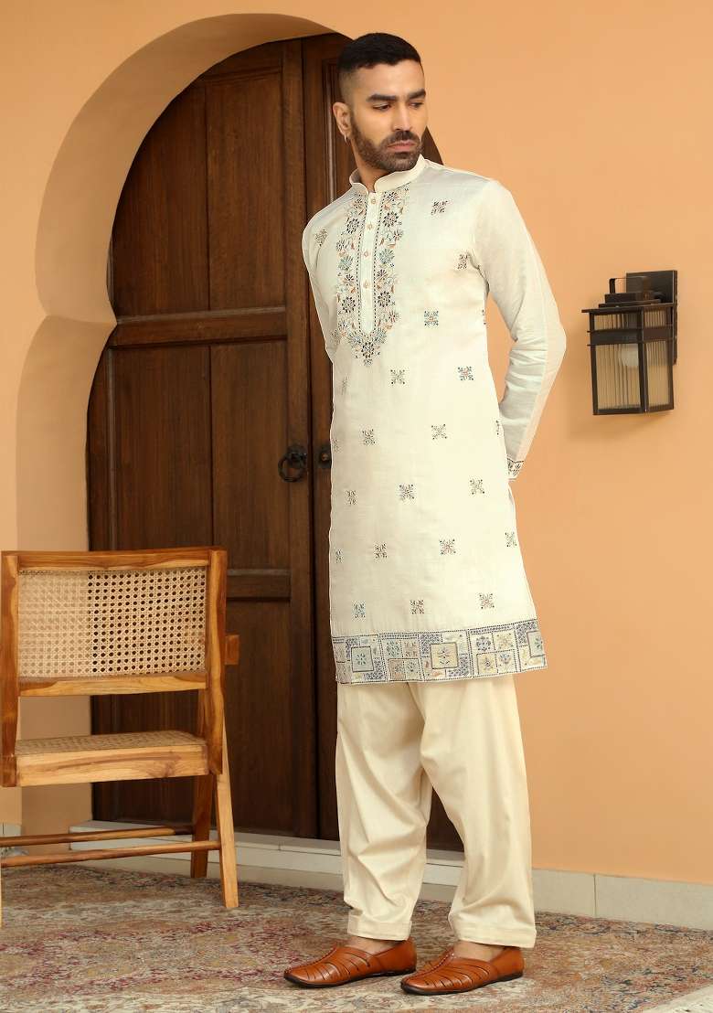 Cream Yoke Design Cotton Silk Blend Kurta Set For Men - Indya