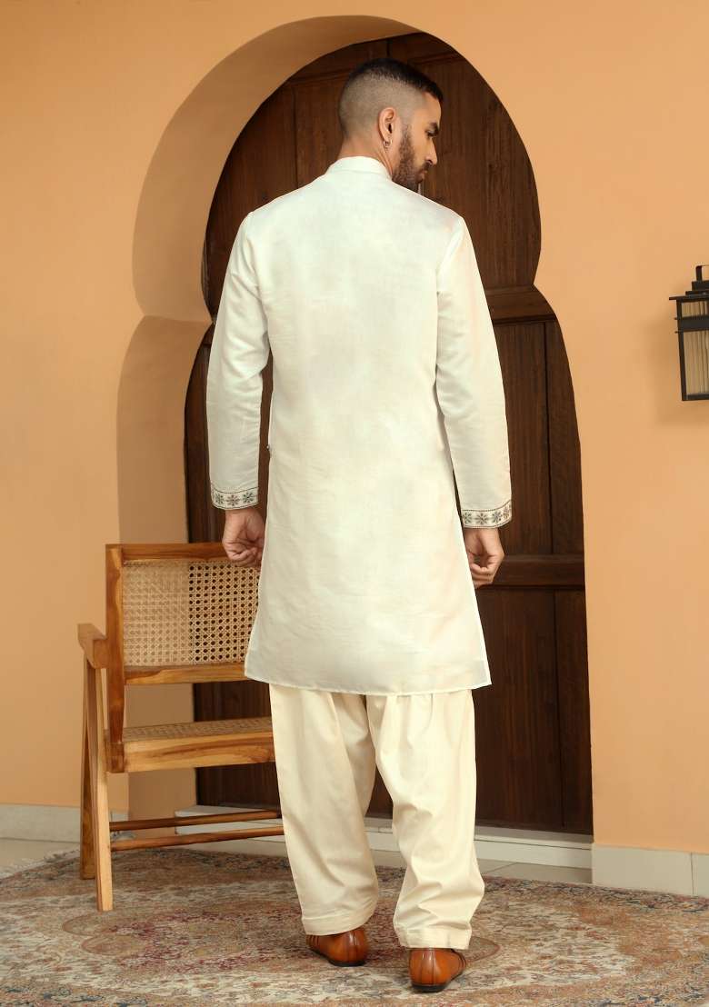 Cream Yoke Design Cotton Silk Blend Kurta Set For Men - Indya