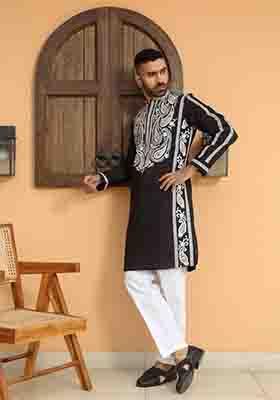 Black Embroidered Cotton Silk Kurta Set For Men