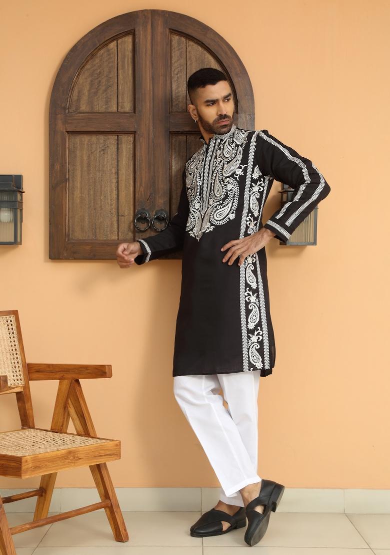 Black Embroidered Cotton Silk Kurta Set For Men