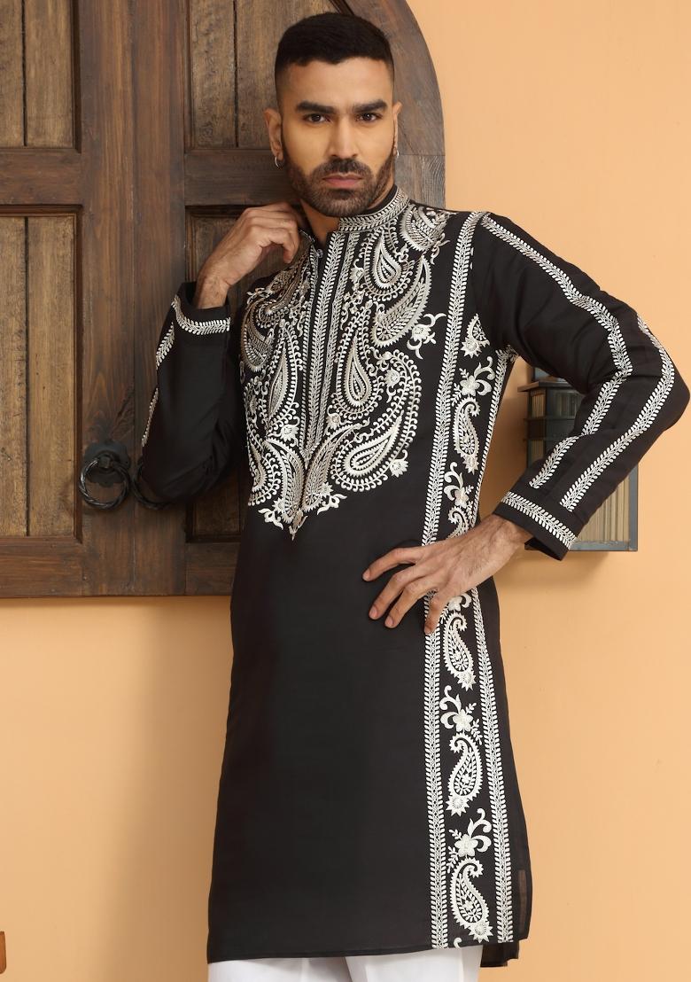 Black Embroidered Cotton Silk Kurta Set For Men