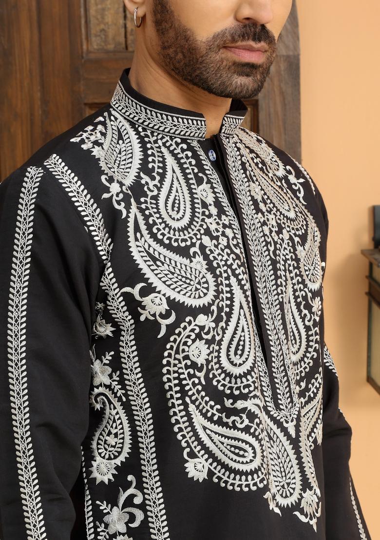 Black Embroidered Cotton Silk Kurta Set For Men