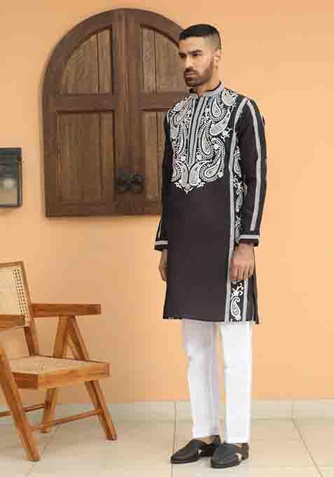 Black Embroidered Cotton Silk Kurta Set For Men