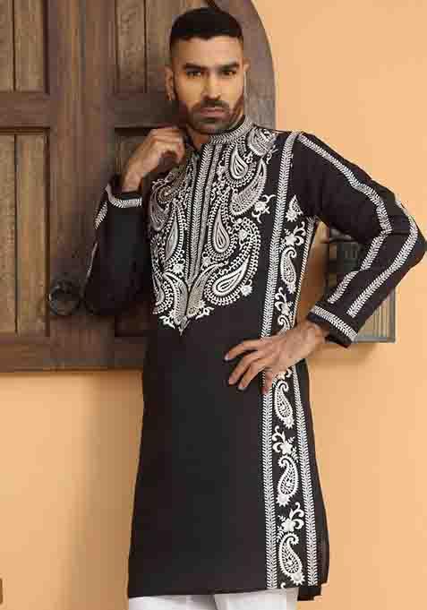 Black Embroidered Cotton Silk Kurta Set For Men