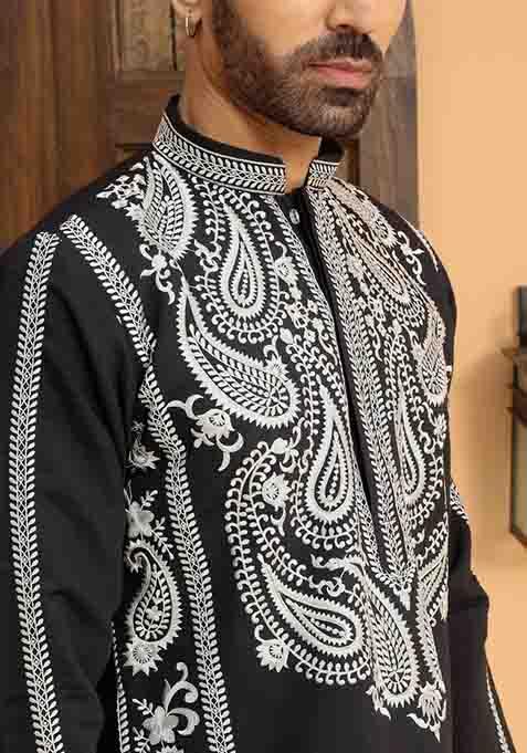 Black Embroidered Cotton Silk Kurta Set For Men