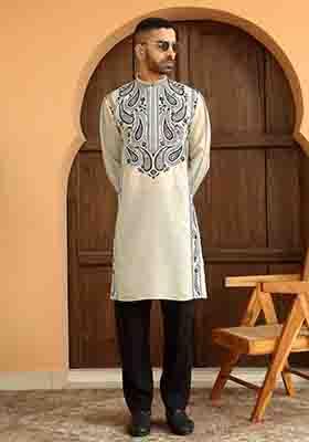 Cream Embroidered Cotton Silk Kurta Set For Men