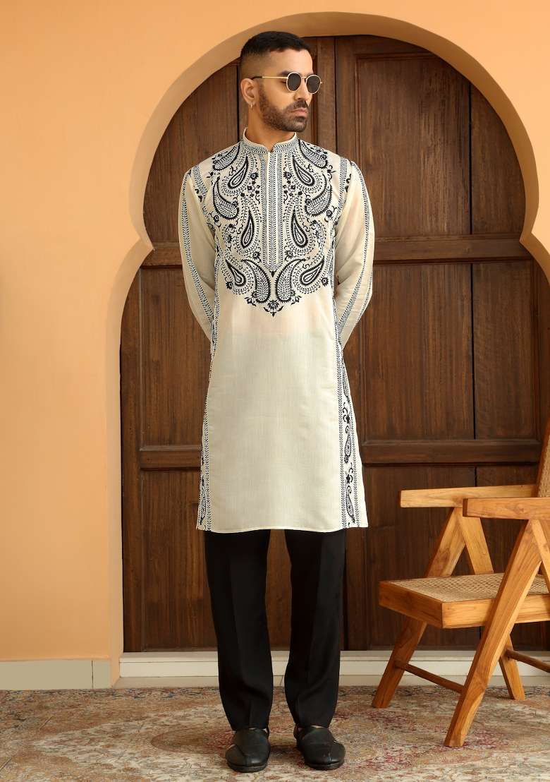 Cream Embroidered Cotton Silk Blend Kurta Set For Men - Indya