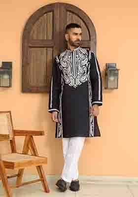 Blue Embroidered Cotton Silk Kurta Set For Men