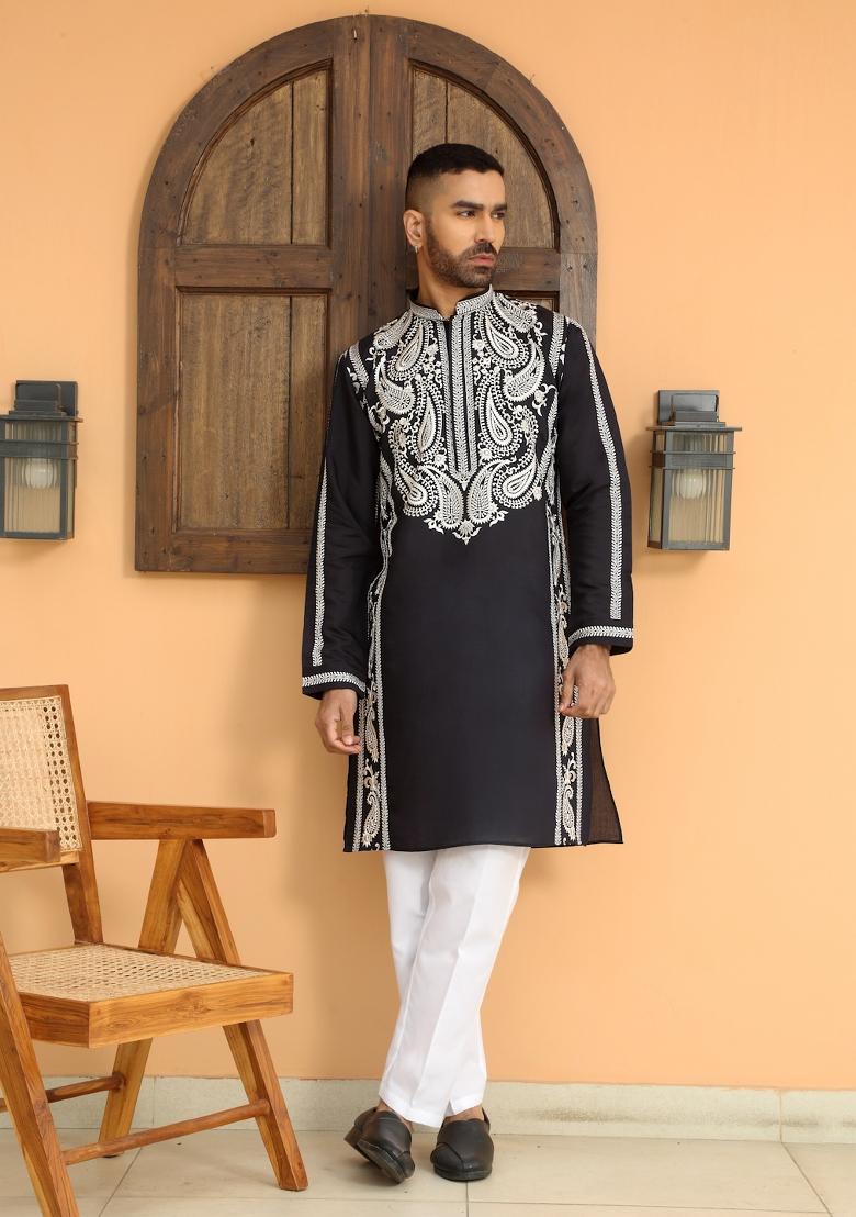 Blue Embroidered Cotton Silk Kurta Set For Men
