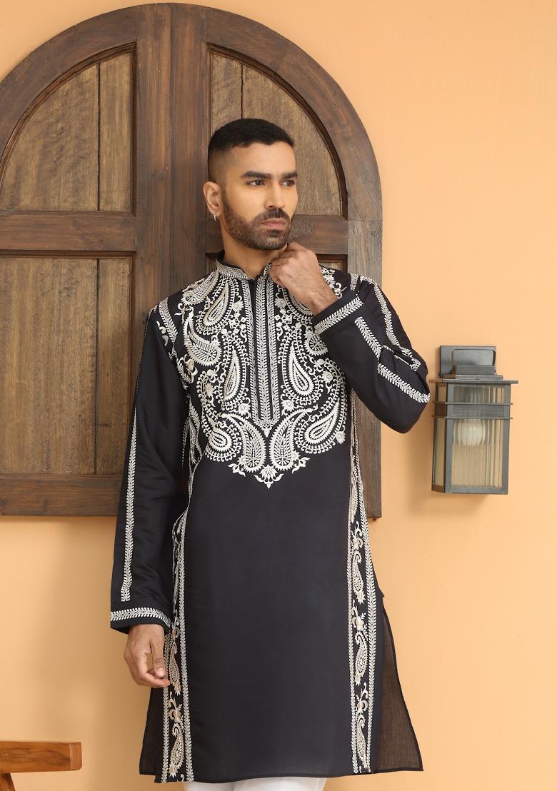 Blue Embroidered Cotton Silk Kurta Set For Men
