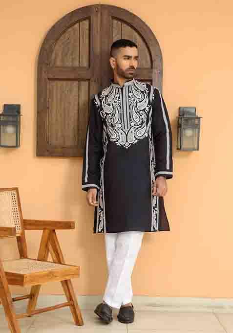 Blue Embroidered Cotton Silk Kurta Set For Men