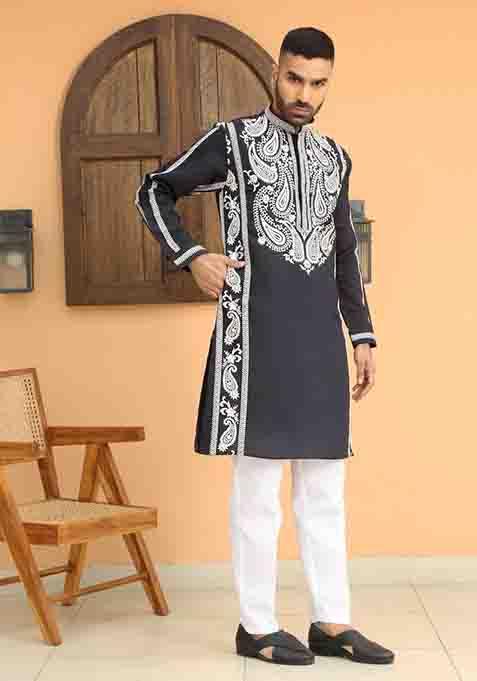 Blue Embroidered Cotton Silk Kurta Set For Men
