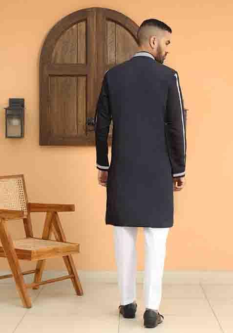 Blue Embroidered Cotton Silk Kurta Set For Men