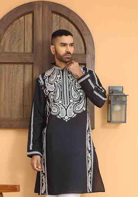 Blue Embroidered Cotton Silk Kurta Set For Men