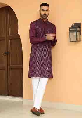 Maroon Embroidered Cotton Silk Kurta Set For Men