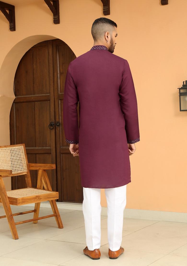 Maroon Embroidered Cotton Silk Kurta Set For Men