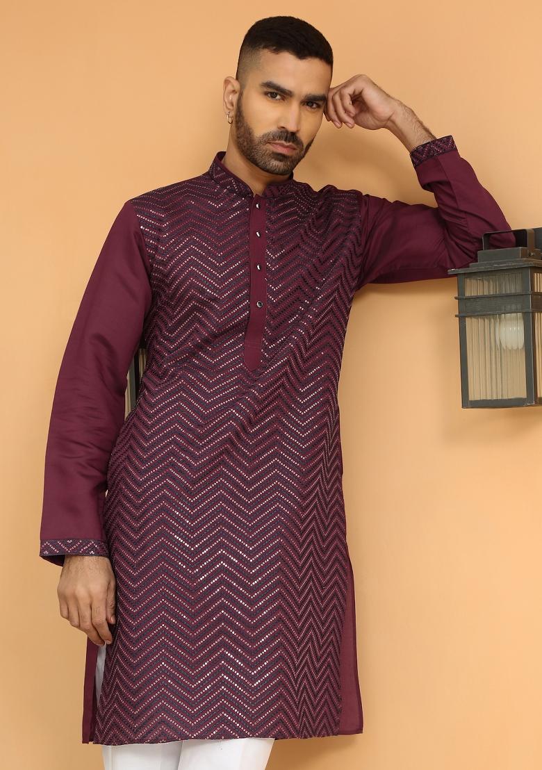 Maroon Embroidered Cotton Silk Kurta Set For Men