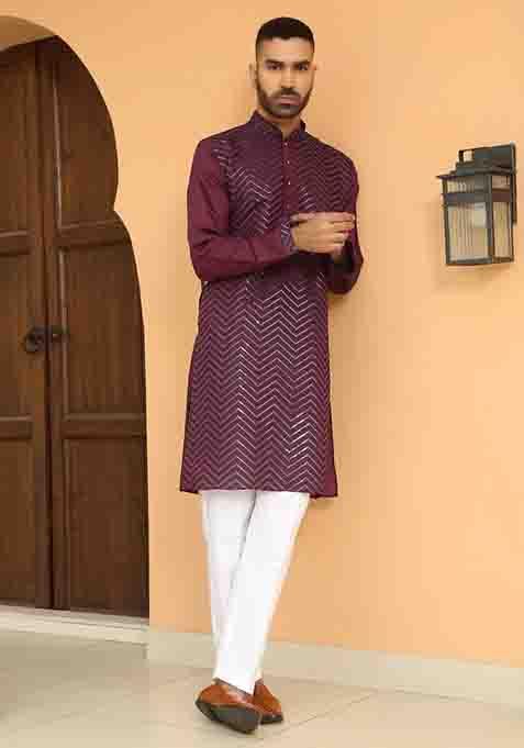 Maroon Embroidered Cotton Silk Kurta Set For Men
