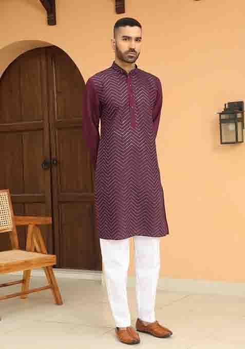 Maroon Embroidered Cotton Silk Kurta Set For Men