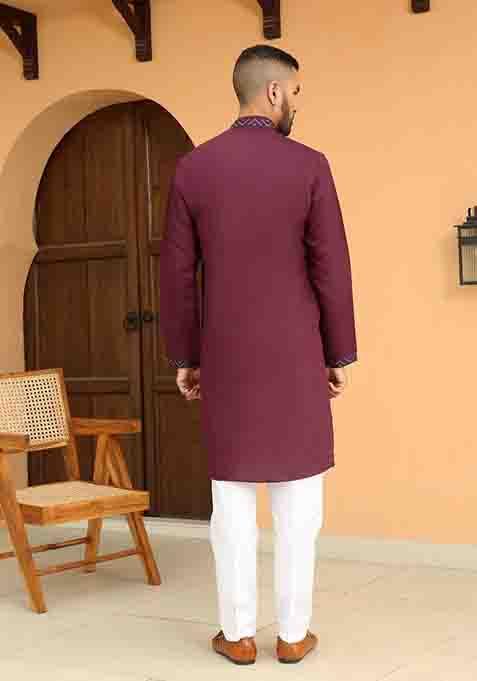 Maroon Embroidered Cotton Silk Kurta Set For Men