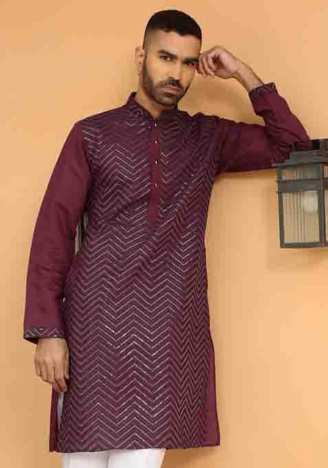 Maroon Embroidered Cotton Silk Kurta Set For Men