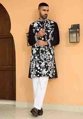 Black Embroidered Georgette Kurta Set For Men