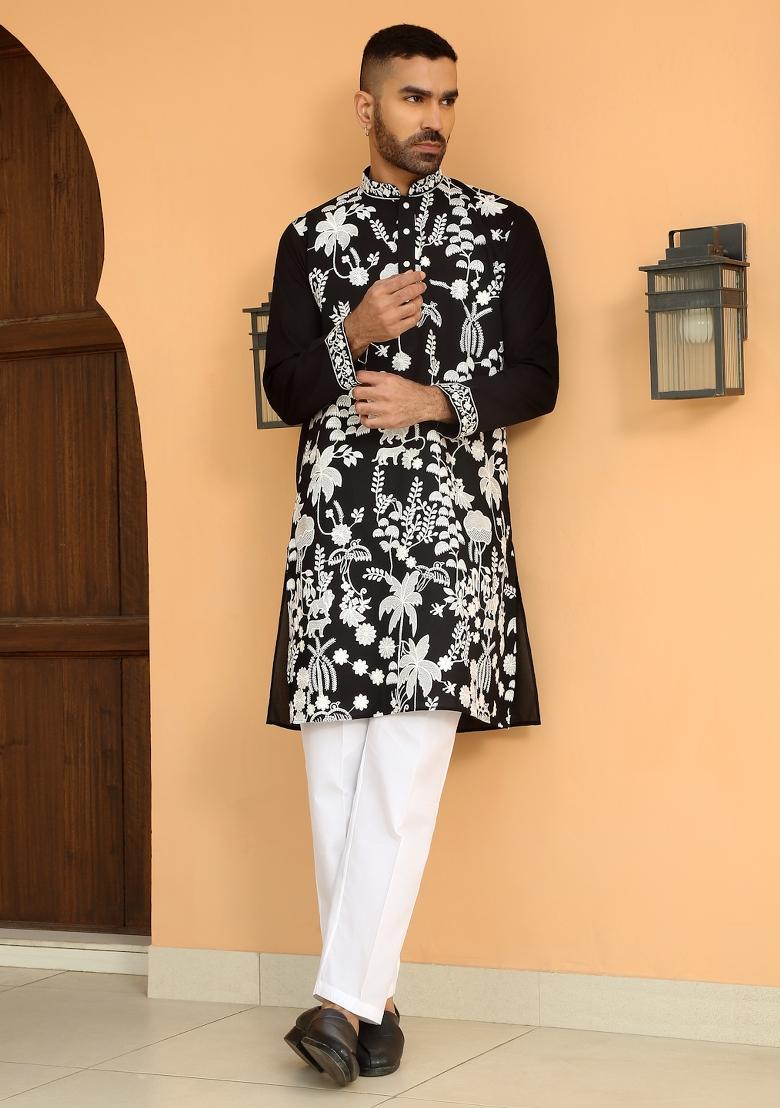 Black Embroidered Georgette Kurta Set For Men