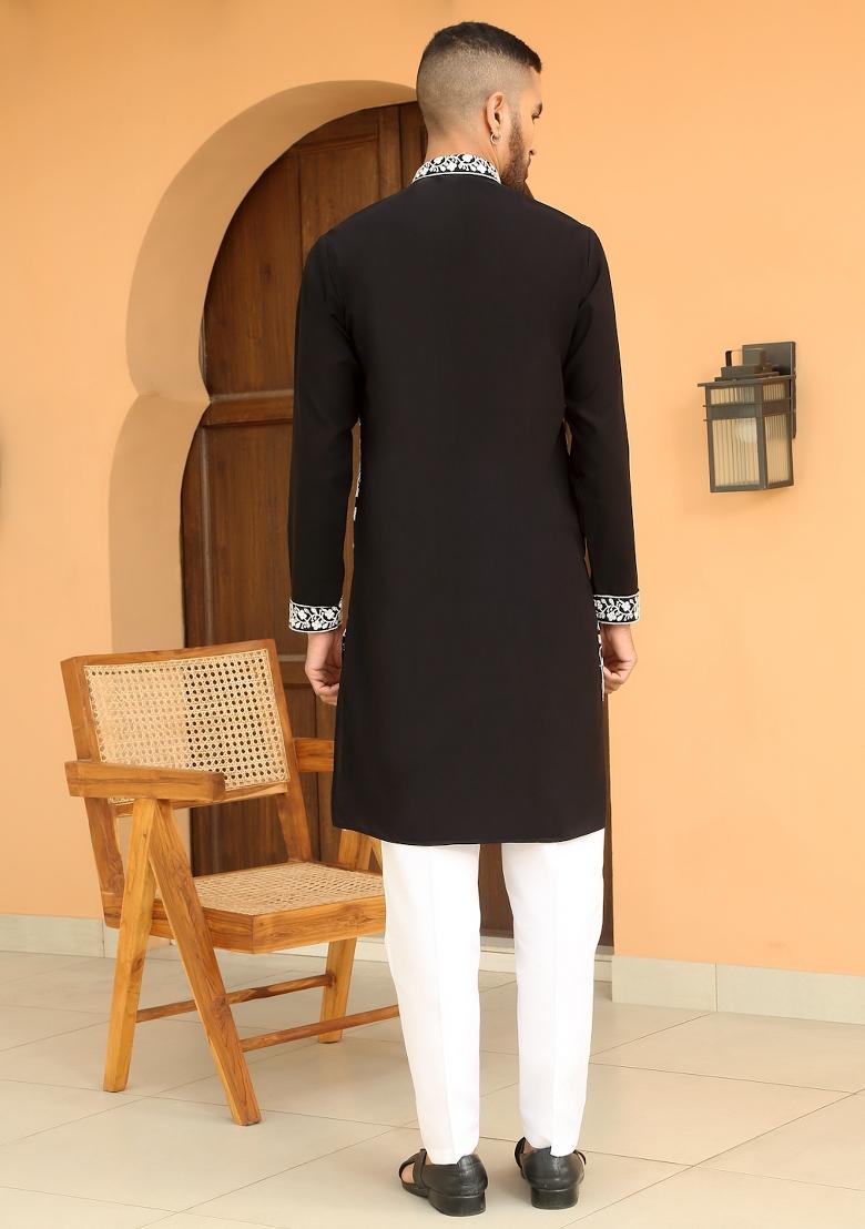 Black Embroidered Georgette Kurta Set For Men