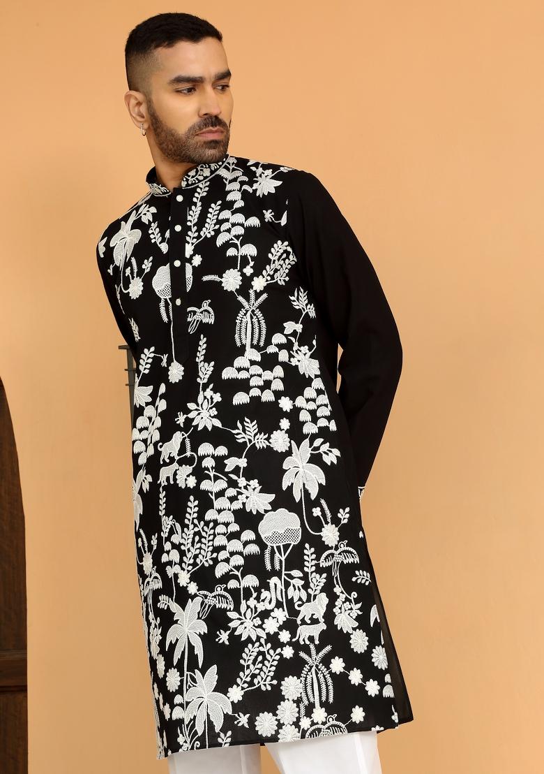 Black Embroidered Georgette Kurta Set For Men