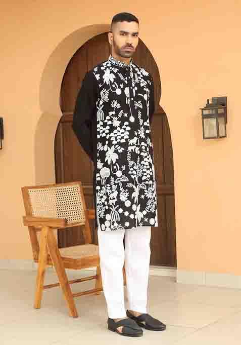 Black Embroidered Georgette Kurta Set For Men
