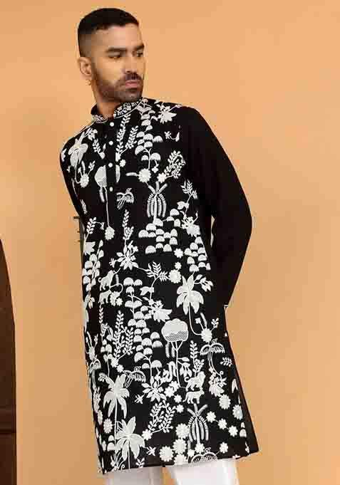 Black Embroidered Georgette Kurta Set For Men