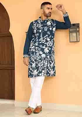 Blue Embroidered Georgette Kurta Set For Men