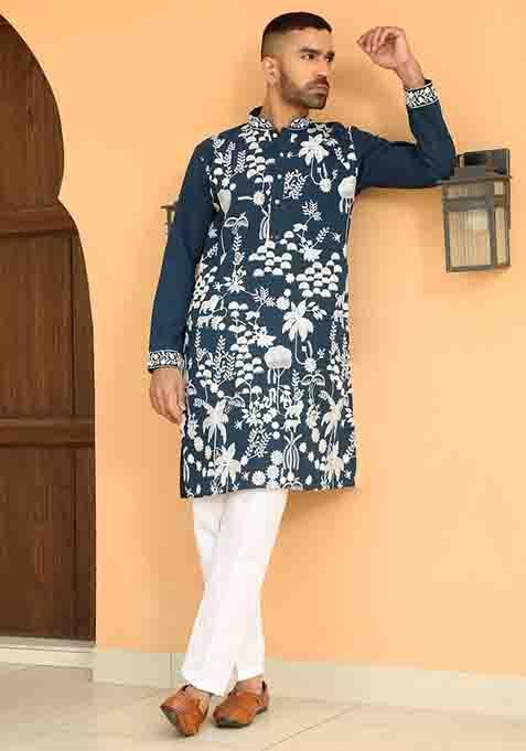 Blue Embroidered Georgette Kurta Set For Men