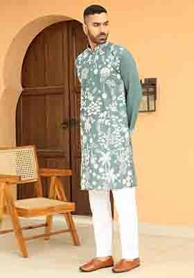 Green Embroidered Georgette Kurta Set For Men