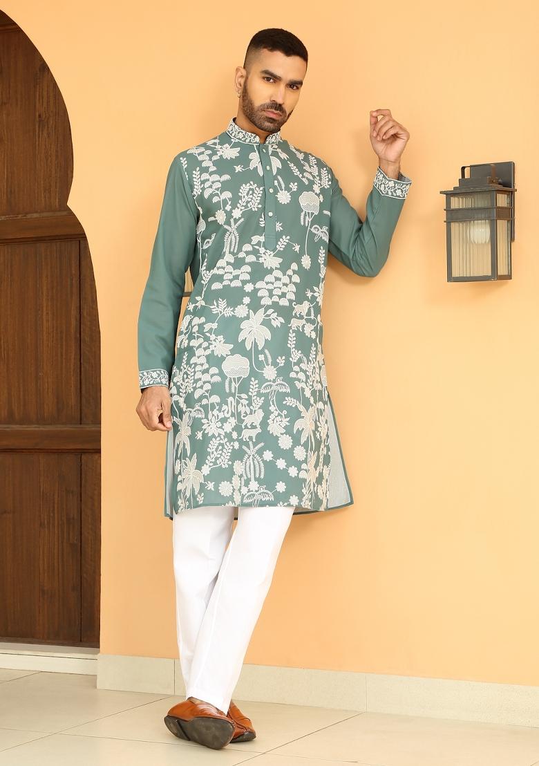Green Embroidered Georgette Kurta Set For Men