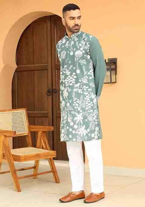 Green Embroidered Georgette Kurta Set For Men