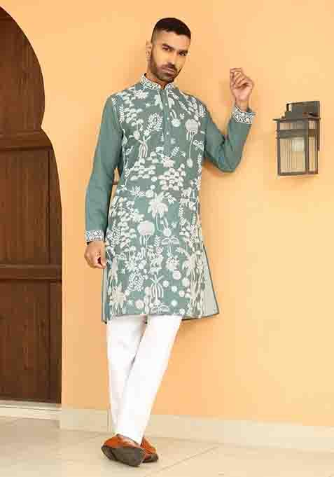 Green Embroidered Georgette Kurta Set For Men