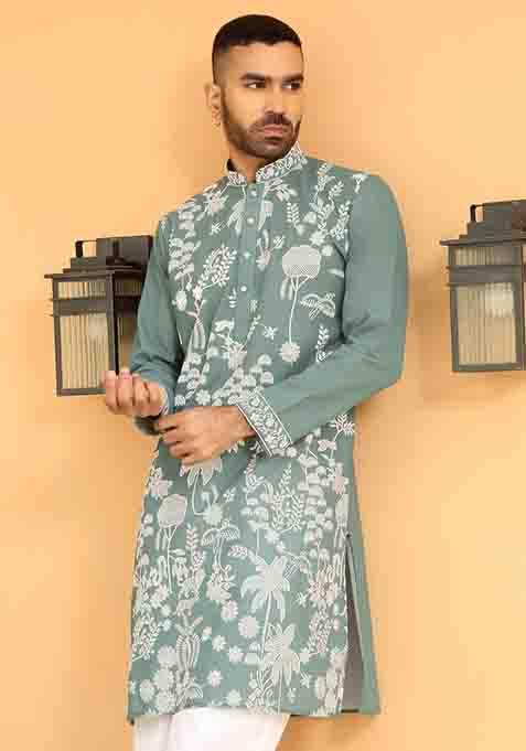 Green Embroidered Georgette Kurta Set For Men
