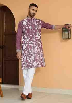 Purple Embroidered Georgette Kurta Set For Men