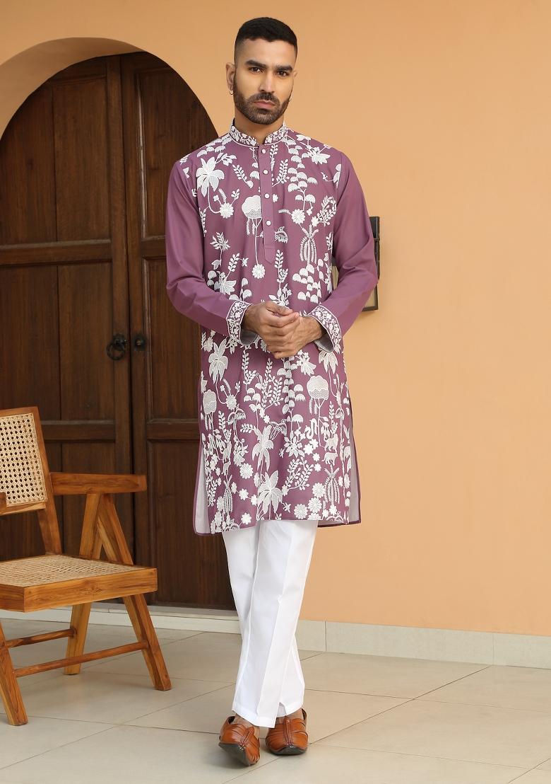 Purple Embroidered Georgette Kurta Set For Men
