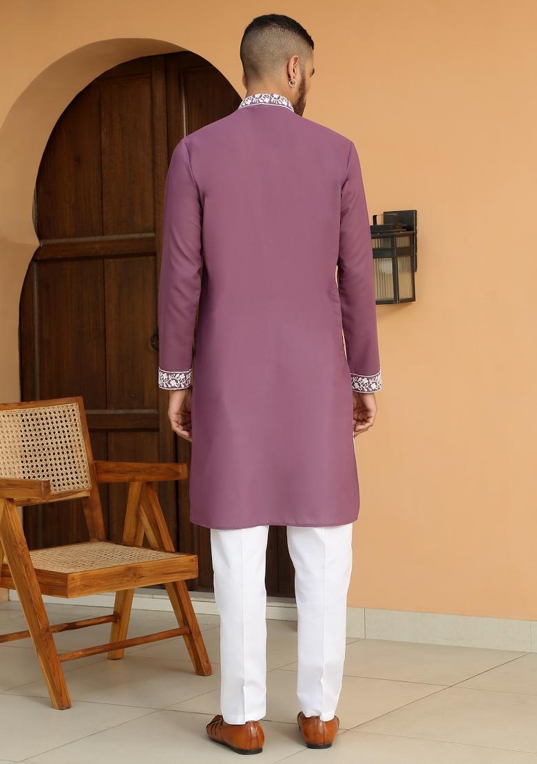 Purple Embroidered Georgette Kurta Set For Men