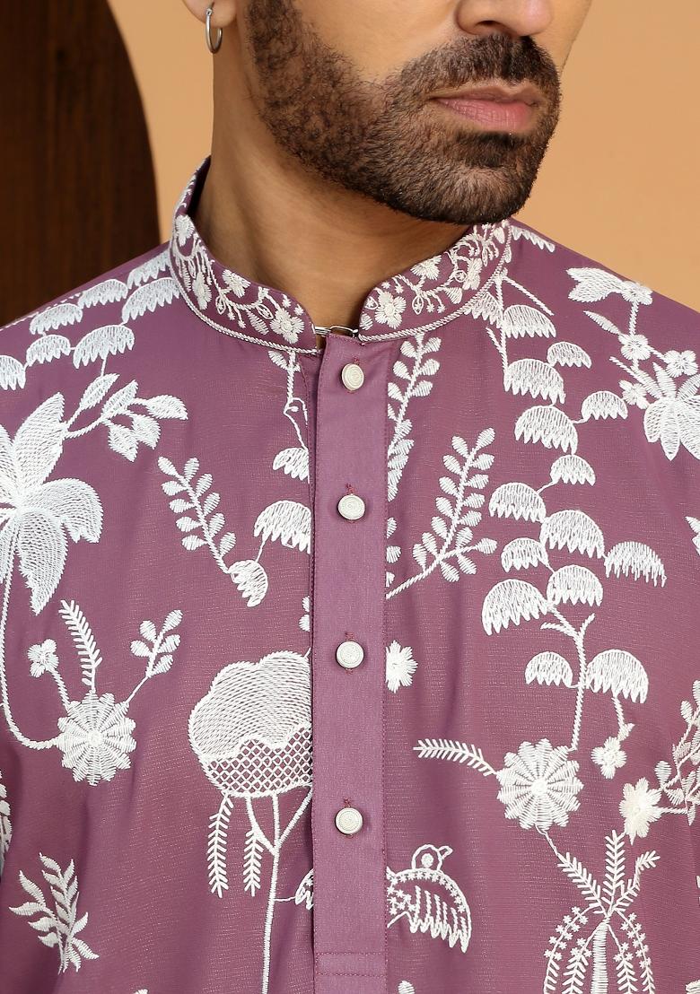 Purple Embroidered Georgette Kurta Set For Men