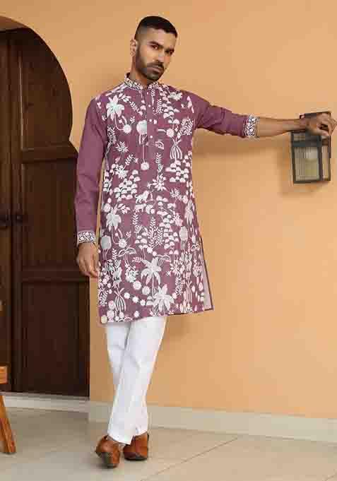 Purple Embroidered Georgette Kurta Set For Men